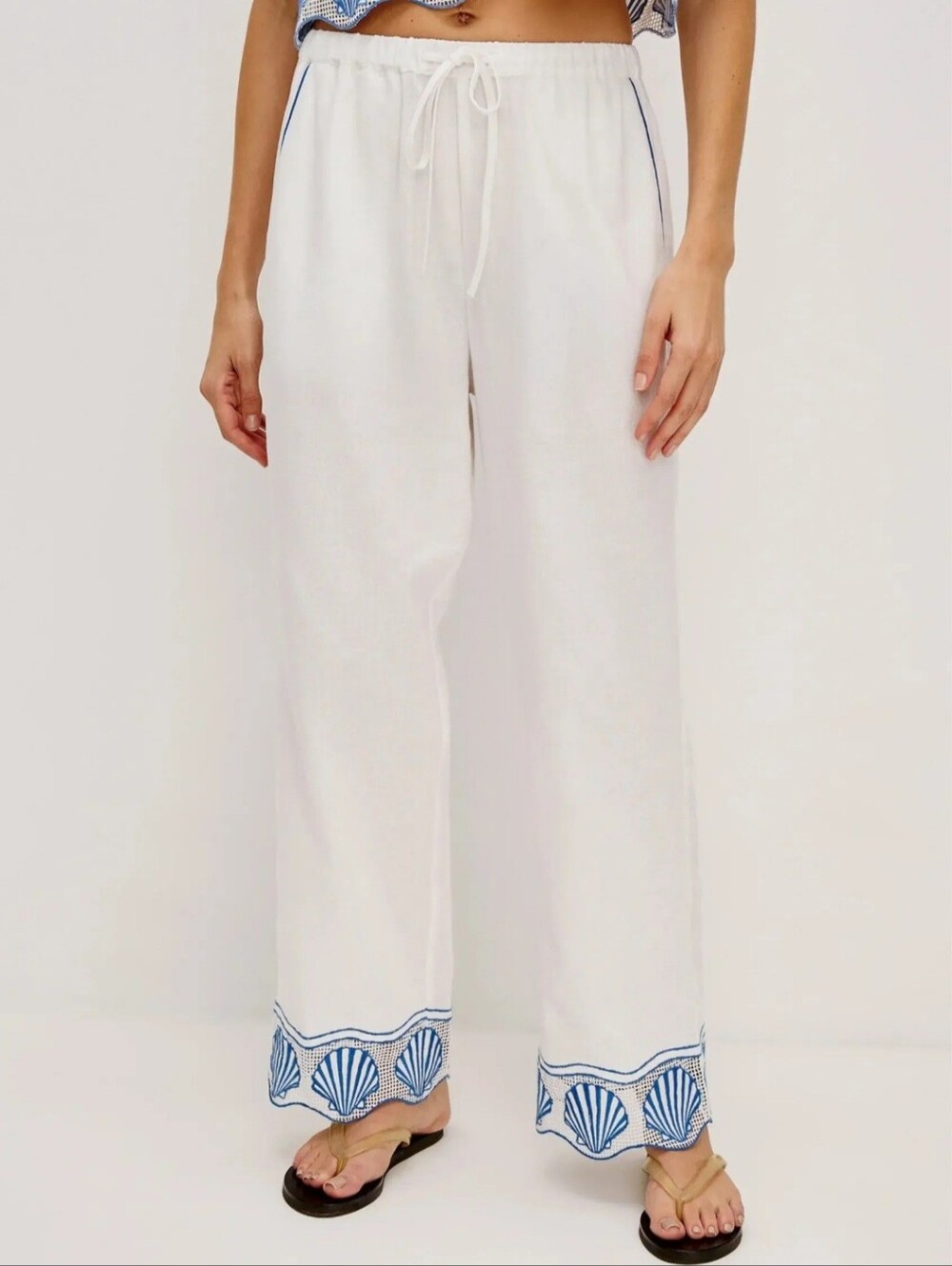 Rails Tildi Shell Embroidered Cotton Linen Pants White Blue NWT Size L